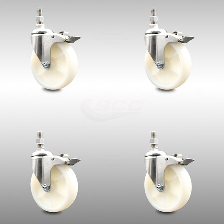 Service Caster 5 Inch 316SS Nylon Wheel Swivel 3/8 Inch Threaded Stem Caster Set Lock Brake SCC SCC-SS316TSTTL20S514-NYS-381615-4